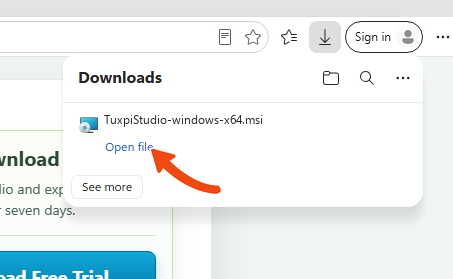 Microsoft Edge Downloads menu with Open file highlighted for the Tuxpi Studio installer.