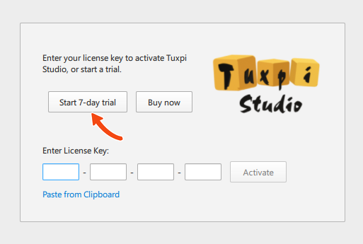 Tuxpi Studio activation screen with Start 7-day trial highlighted.