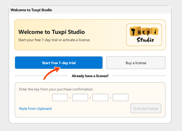 Tuxpi Studio welcome screen with the Start free 7-day trial button highlighted.