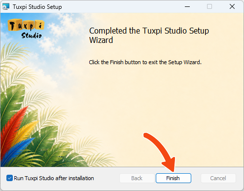 Completed Tuxpi Studio Setup Wizard with Run Tuxpi Studio after installation selected and Finish highlighted.
