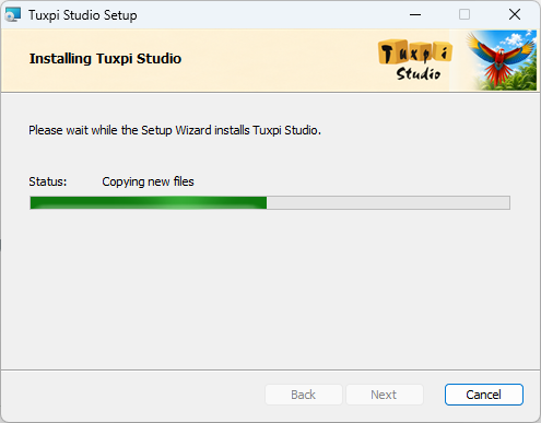 Tuxpi Studio installation progress bar while files are being copied.
