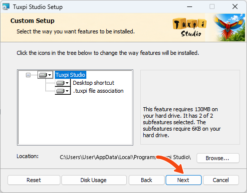 Tuxpi Studio Custom Setup screen showing shortcut and project-file options, with Next highlighted.