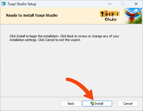 Tuxpi Studio setup screen with Install highlighted.