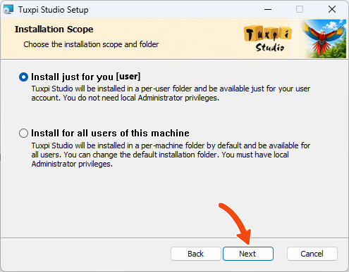 Tuxpi Studio installation scope screen with Install for the current user selected and Next highlighted.