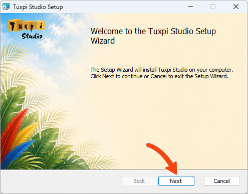 Tuxpi Studio Setup Wizard welcome screen with Next highlighted.