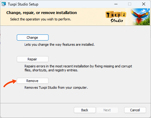 Tuxpi Studio maintenance window with Remove highlighted.